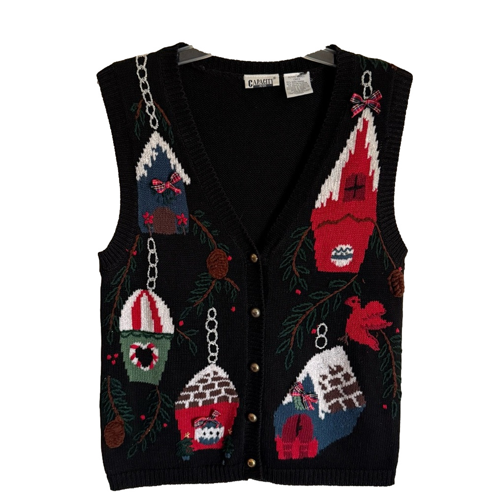 Vintage Capacity Black Knit Button Up Sweater Vest Festive Holiday Birdhouse S